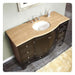 Dark wood bathroom vanity with curved beige stone countertop and white oval undermount sink with chrome faucet