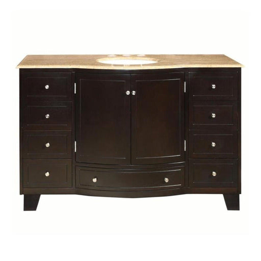 Dark wood bathroom vanity with marble top, central cabinet, and six drawers with round silver knobs.