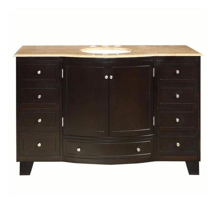 Dark wood bathroom vanity with marble top, central cabinet, and six drawers with round silver knobs.