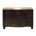 Dark wood bathroom vanity with marble top, central cabinet, and six drawers with round silver knobs.
