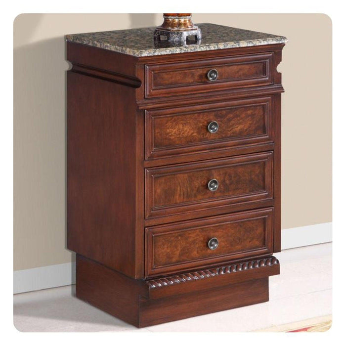 Rich mahogany nightstand with granite top, four drawers, and ornate circular drawer pulls.