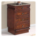 Rich mahogany nightstand with granite top, four drawers, and ornate circular drawer pulls.