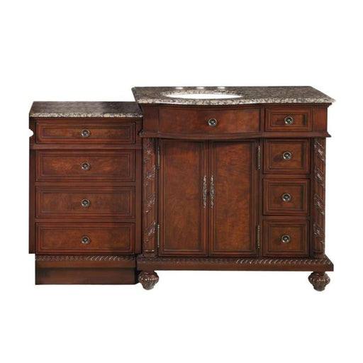 Rich mahogany bathroom vanity with marble top, six drawers, and central cabinet with ornate hardware and decorative carved edges.