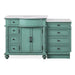 Vintage-style seafoam green bathroom vanity with white marble top, featuring cabinet and five drawers with ornate details and round knobs.