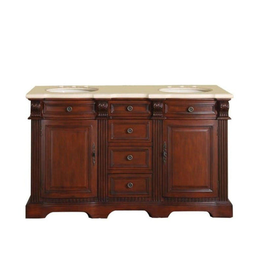 Rich mahogany bathroom vanity with marble top, featuring 3 center drawers and 2 side cabinets with ornate carved details and round sinks.