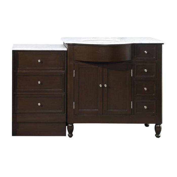 Dark wood bathroom vanity with white marble top, central cabinet, and multiple drawers with round silver knobs.