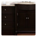 Dark wooden bathroom vanity with marble top, three drawers on left, cabinet with two doors on right, silver round knobs