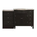 Dark wood bathroom vanity with marble top, center cabinet and side drawers, decorative turned legs and round sink.