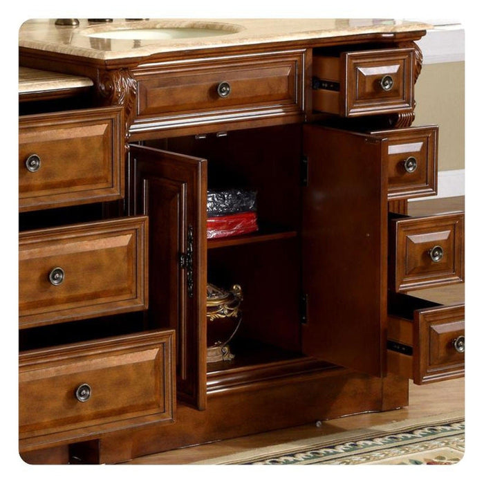Rich mahogany bathroom vanity with multiple drawers, open cabinet door revealing interior shelves and decorative items.