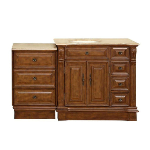 Wooden bathroom vanity with rich brown finish, marble top, central cabinet with doors, and six decorative drawers with round knobs.