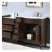 Dark wood bathroom vanity with white marble top, multiple drawers, open shelving, and brushed nickel faucet
