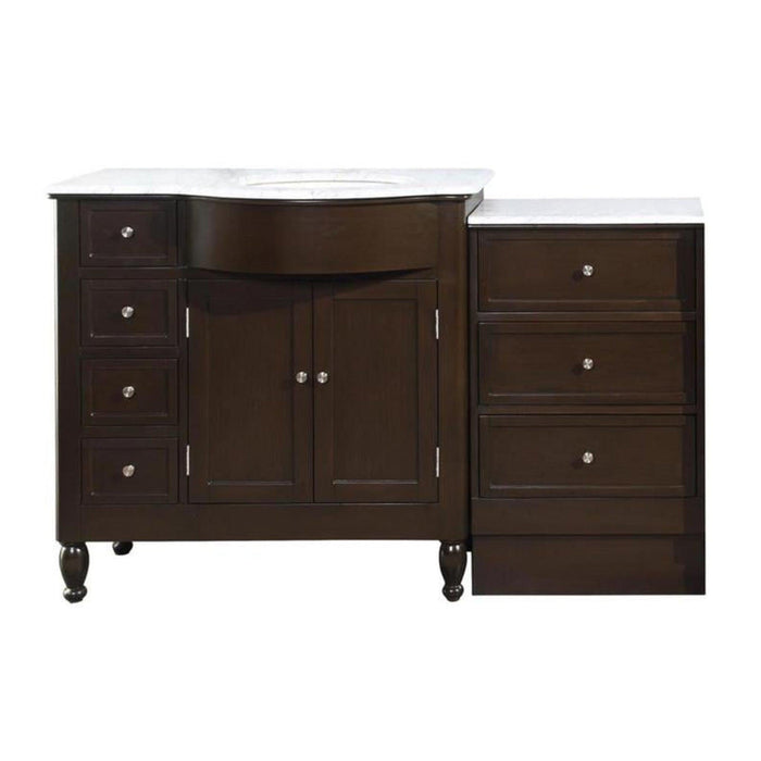 Dark wood bathroom vanity with white marble top, central cabinet doors, and side drawers with round knobs
