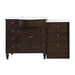 Dark wood bathroom vanity with white marble top, central cabinet doors, and side drawers with round knobs
