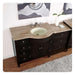 Dark wooden bathroom vanity with travertine countertop, oval sink, and decorative wall art with soft gray tones