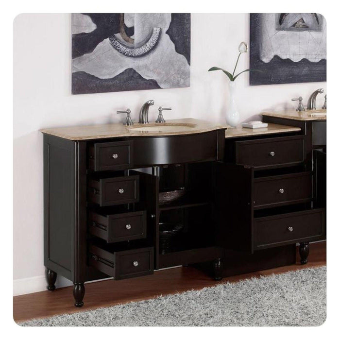 Dark wood bathroom vanity with marble top, multiple drawers open, with abstract gray artwork hanging above.