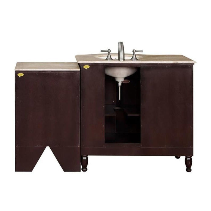 Dark brown bathroom vanity with beige stone top and undermount sink, featuring traditional faucet and decorative turned legs.