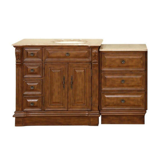 Rich wood bathroom vanity with cream marble top, featuring center cabinet doors and side drawers with ornate hardware