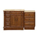 Rich wood bathroom vanity with cream marble top, featuring center cabinet doors and side drawers with ornate hardware