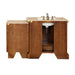Wooden bathroom vanity with marble top, white sink, and bronze faucet, showing open storage compartment.