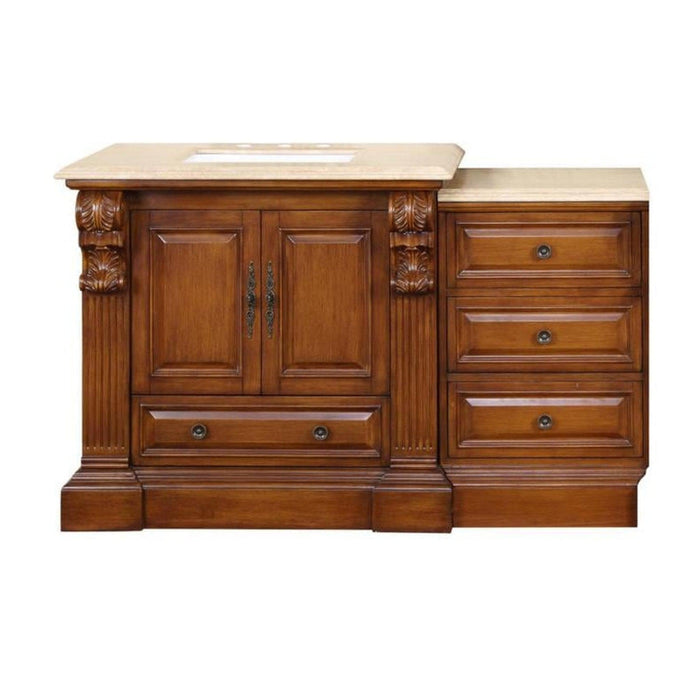 Traditional wooden bathroom vanity with carved columns, double doors, and three side drawers, topped with a light stone countertop and integrated sink.