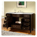 Dark wood bathroom vanity with marble top, multiple drawers open, white sink, and decorative green artwork hanging above.