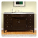 Dark wood bathroom vanity with white marble top and oval sink, eight drawers, and central cabinet doors with decorative knobs.