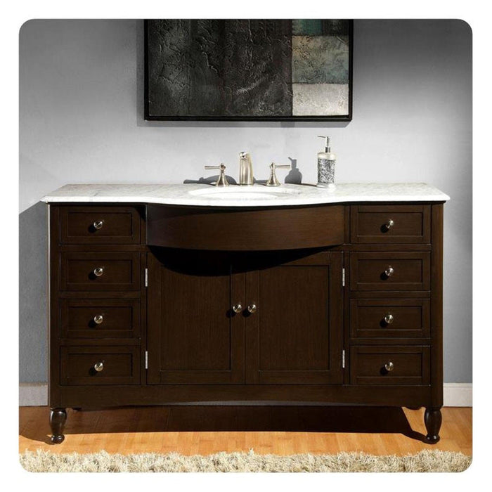 Dark wood bathroom vanity with marble top, white sink, and eight drawers, with abstract wall art hanging above.