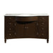 Dark wood bathroom vanity with white marble top, eight drawers and center cabinet with round cabinet knobs.