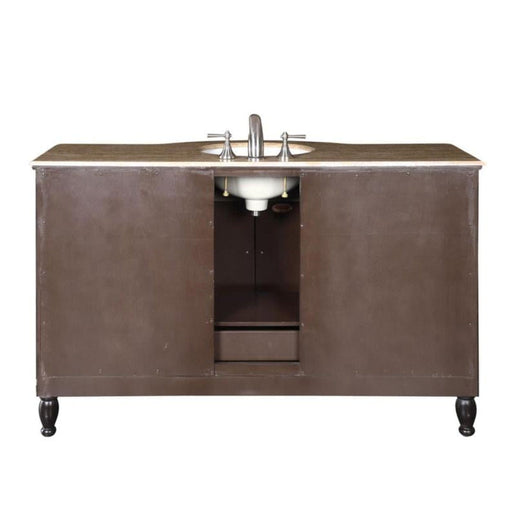 Dark brown bathroom vanity with white sink and silver faucet, standing on curved black legs with marble countertop.