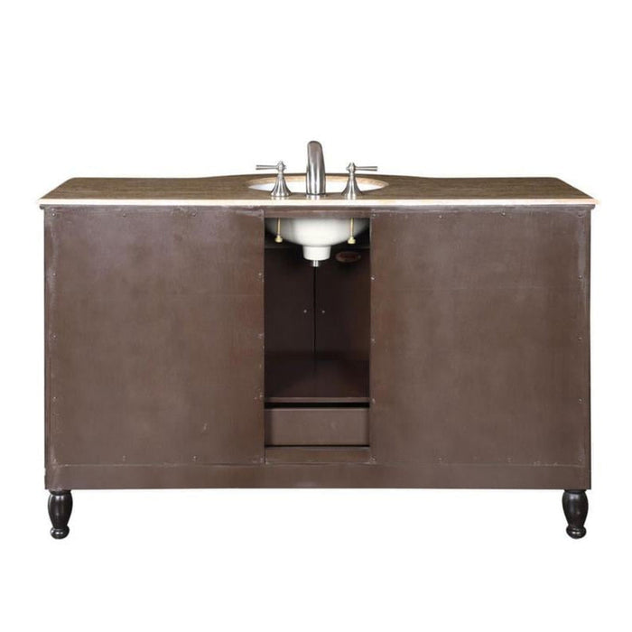 Dark brown bathroom vanity with white sink and silver faucet, standing on curved black legs with marble countertop.