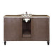 Dark brown bathroom vanity with white sink and silver faucet, standing on curved black legs with marble countertop.