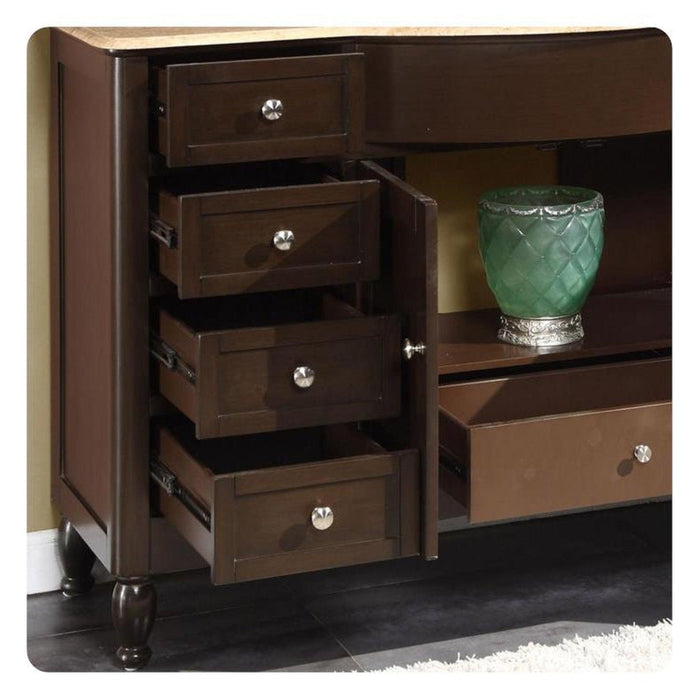 Dark wooden dresser with multiple open drawers, silver knobs, and a green decorative vase on an upper shelf.