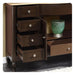 Dark wooden dresser with multiple open drawers, silver knobs, and a green decorative vase on an upper shelf.