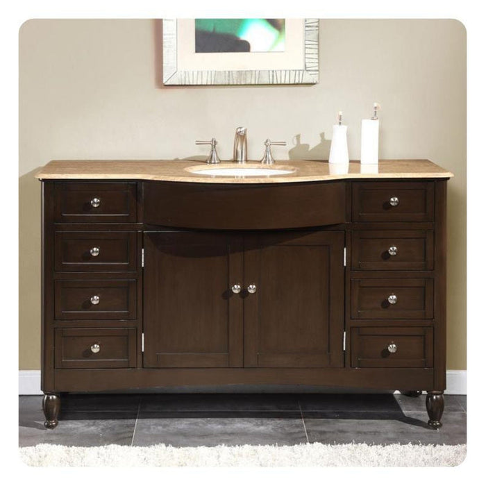 Dark wood bathroom vanity with marble top, undermount sink, and chrome faucet, featuring six drawers and center cabinet doors.