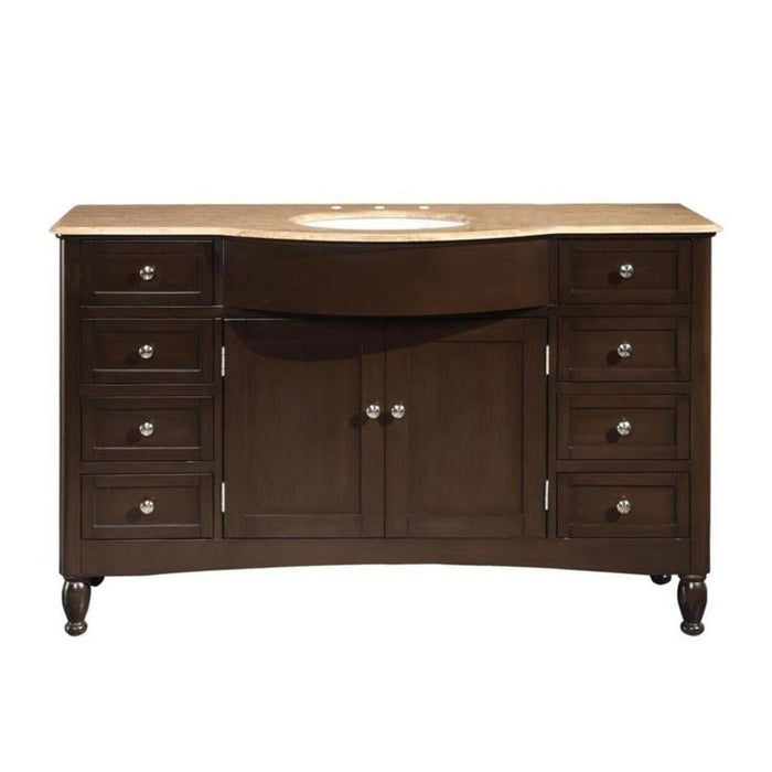 Dark wood bathroom vanity with curved beige marble top, center cabinet doors, and six drawers with silver knobs.