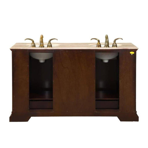Dark wood double vanity with beige marble top and three gold-toned faucets, featuring two white undermount sinks and open storage compartments.