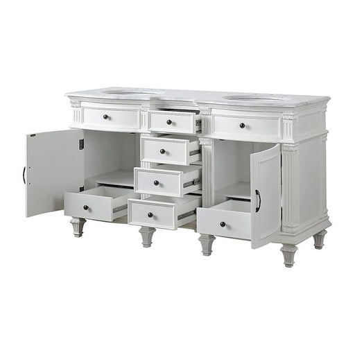 White bathroom vanity with marble top, multiple drawers open to reveal storage, and two oval sinks.