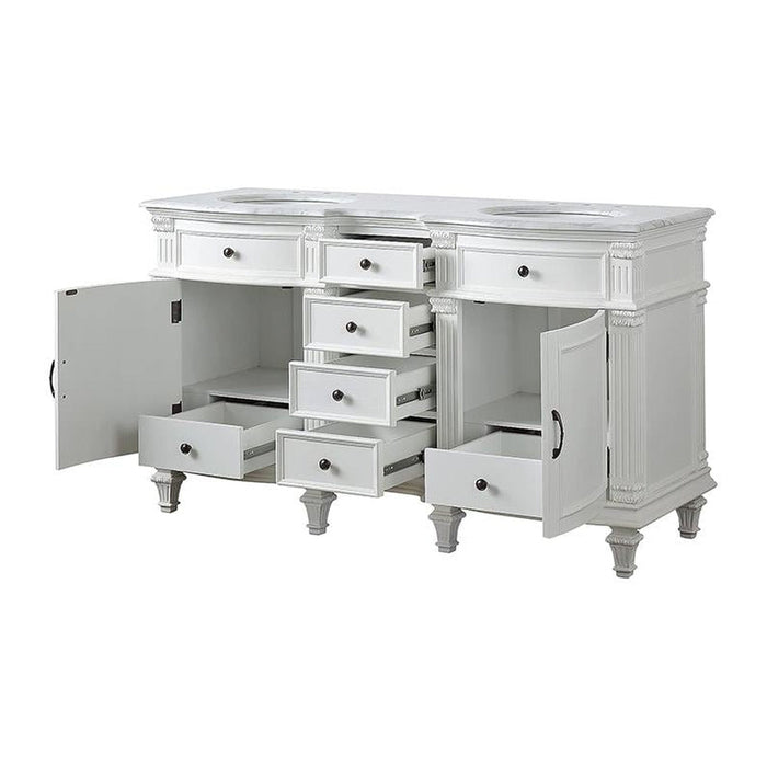 White bathroom vanity with marble top, multiple drawers open to reveal storage, and two oval sinks.