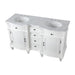 White double-sink bathroom vanity with marble top, ornate carved details, center drawers, and side cabinets.