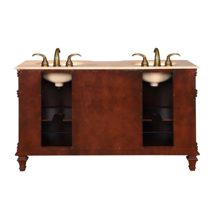 Silkroad Exclusive 60" Double Sink Brazilian Rosewood Bathroom Vanity With Travertine Countertop and Ivory Ceramic Undermount Sink