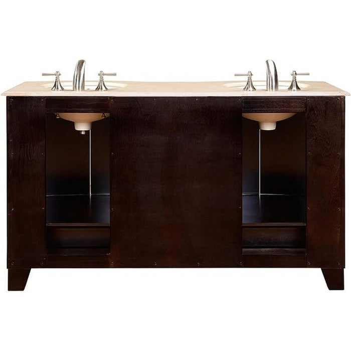 Dark wood double vanity with beige stone top and three silver faucets, featuring two undermount sinks and open storage compartments.