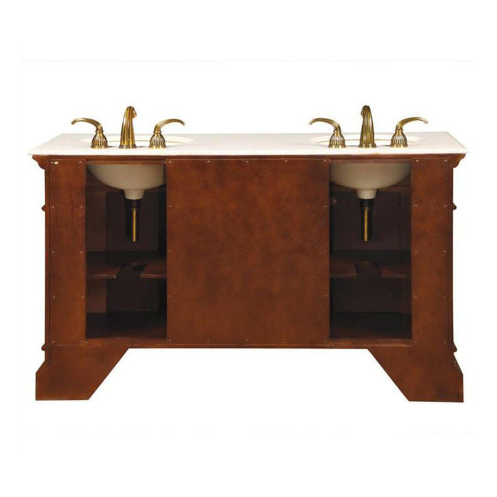 Double sink bathroom vanity with wood cabinet, white marble top, and gold faucets