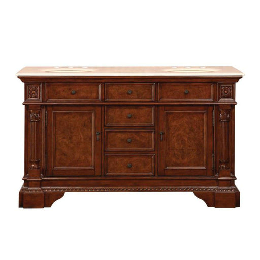 Rich mahogany bathroom vanity with marble top, six drawers, and two side cabinets with ornate column detailing and decorative carved accents.
