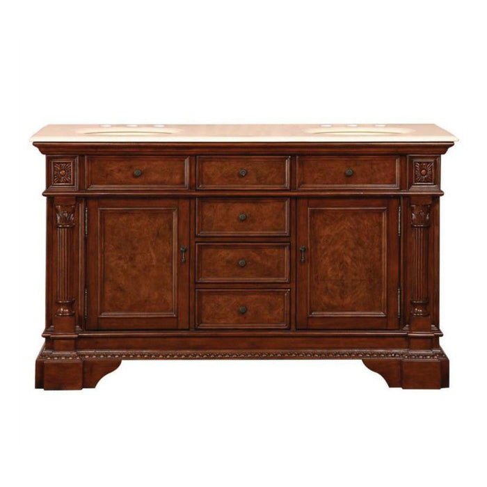 Rich mahogany bathroom vanity with marble top, six drawers, and two side cabinets with ornate column detailing and decorative carved accents.