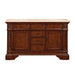 Rich mahogany bathroom vanity with marble top, six drawers, and two side cabinets with ornate column detailing and decorative carved accents.