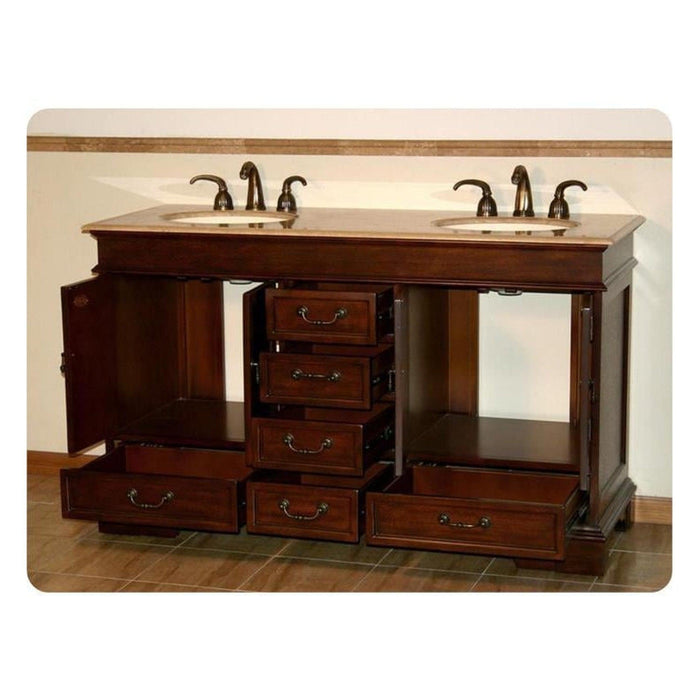 Dark wood double-sink bathroom vanity with multiple drawers, bronze faucets, and a marble countertop on tiled floor.