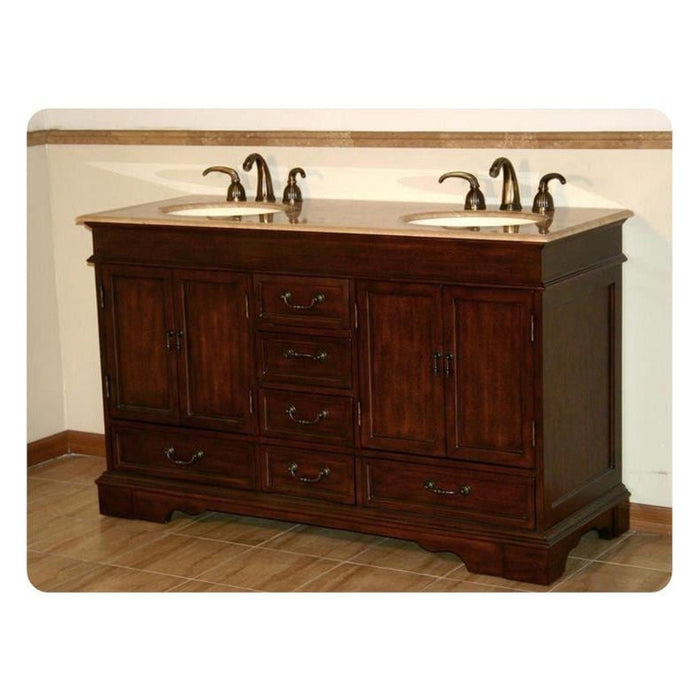 Dark wood double-sink bathroom vanity with marble top and curved faucet fixtures, featuring multiple drawers and side cabinets.