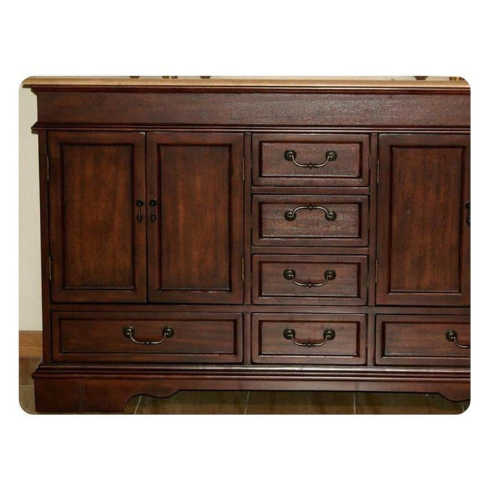 Dark wood dresser with ornate metal handles, featuring two cabinet doors and five drawers in a classic, traditional style.