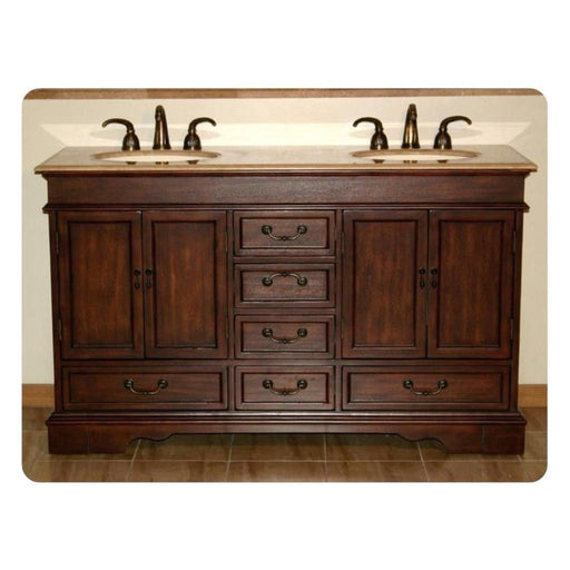 Rich wood double-sink bathroom vanity with marble top, ornate drawer pulls, and cabinet doors, mounted on tiled floor.