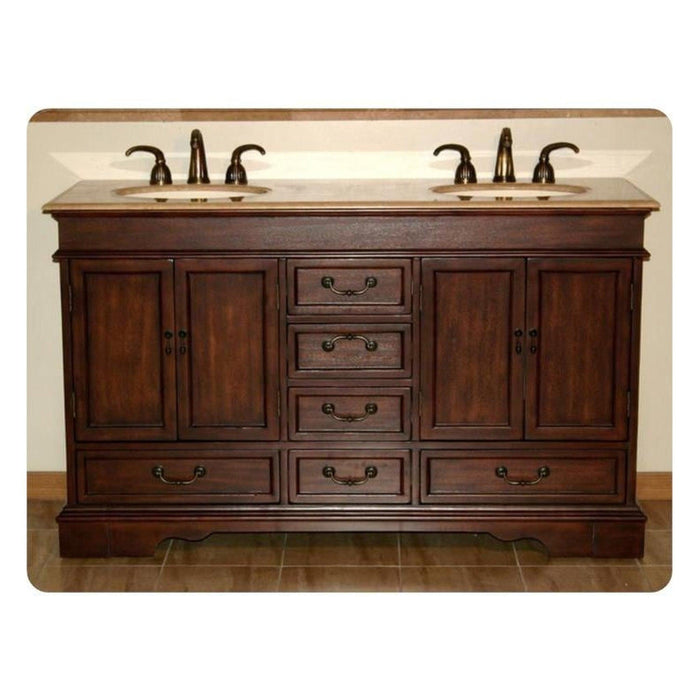 Rich wood double-sink bathroom vanity with marble top, ornate drawer pulls, and cabinet doors, mounted on tiled floor.